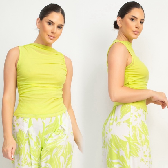 Lime Green Mesh mock neck Sleeveless Top - Picture 4 of 13